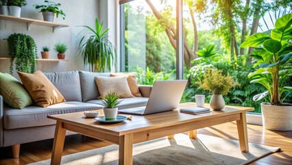 Fototapeta premium Calm modern living room with laptop and papers on coffee table, surrounded by plants and soft natural light, conveying financial organization and relaxation.
