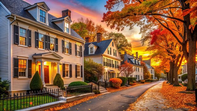 Charming New England street scene with historic colonial homes, autumn foliage, and picturesque sidewalks in a quaint Massachusetts residential neighborhood at sunset.