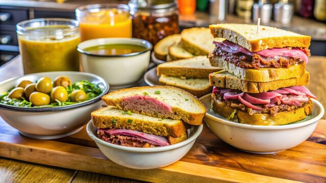 Classic New York-style Jewish deli showcases mouthwatering pastrami sandwiches, crispy pickles, and steaming bowls of matzo ball soup on a bustling counter.