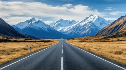 Fototapeta premium Scenic view of a long, straight road leading towards majestic mountains. Perfect for journey and travel themes