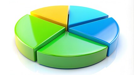 Obraz premium Colorful 3-section pie chart on a white background, with vibrant blue, green, and yellow slices, showcasing data proportions in a visually appealing manner.