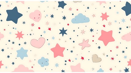 A whimsical pattern featuring soft pastel colors like pink, lavender, and mint, with playful shapes like stars, hearts, and clouds on a light background. Delicate hues, dreamy and light, hd quality,