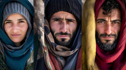 Fototapeta premium A series of close-up portraits of refugees from various crises, with expressions of hope and resilience, wearing clothes that tell their stories.