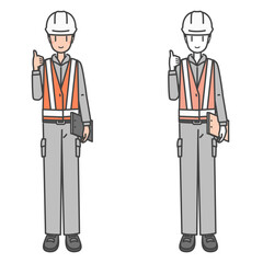 ヘルメットを被り蛍光ベスト・ビブスを着用した働く男性の作業員、安全確認ヨシ！(カラー&モノカラー）