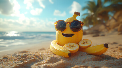 Obraz premium A cheerful banana with sunglasses relaxing on the beach, surrounded by sand and ocean waves, embodying summer fun and joy.