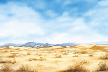 Fototapeta premium Scenic desert landscape under a bright blue sky with mountains in the background, showcasing natural beauty and tranquility.