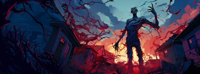 Fototapeta premium A dark, eerie scene featuring a towering figure amidst a chaotic, blood-red environment.