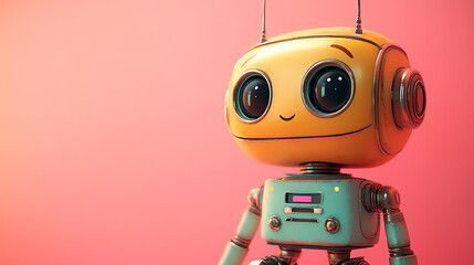 Fototapeta premium A cheerful robot with big eyes and a friendly smile standing against a bright pink background, showcasing futuristic design.