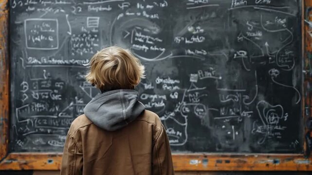 A child contemplates complex equations on a chalkboard in an abandoned classroom setting