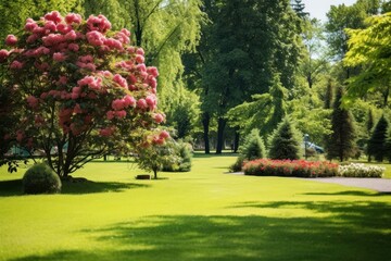 Fototapeta premium Green lawn park landscape outdoors.