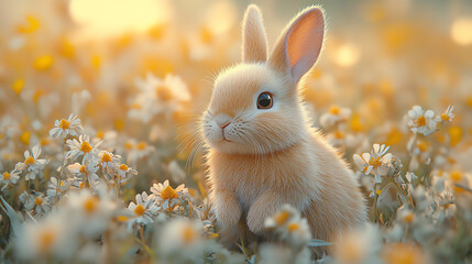 Fototapeta premium A cute rabbit sitting amidst blooming flowers, radiating warmth and serenity in a sunlit meadow, perfect for spring themes.