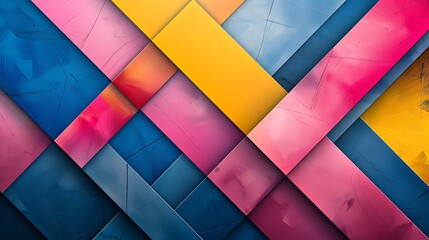 Fototapeta premium An artistic abstract design with bold geometric shapes in bright hues of blue, pink, and yellow, featuring clean lines and sharp contrasts. High contrast, vivid colors, hd quality,