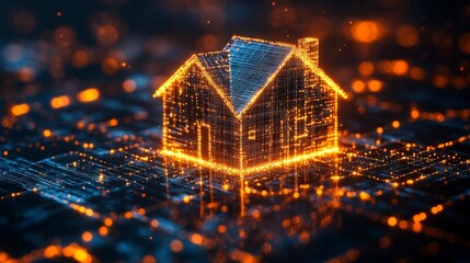 A glowing digital representation of a house on a tech-inspired background.