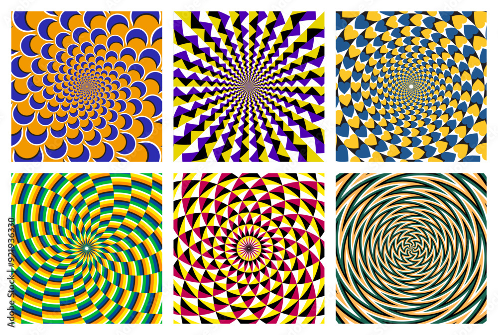 Wall mural Vector set of colorful circular patterns. Eye-catching backgrounds with optical illusion as if they are moving.