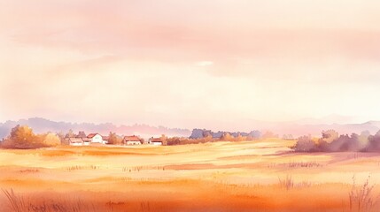 Fototapeta premium Serene countryside landscape with soft pastel colors, depicting a peaceful village surrounded by open fields and distant mountains.