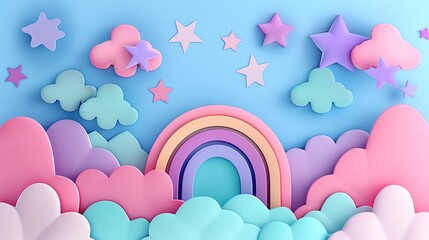 An artistic pattern with pastel rainbows, clouds, and stars in shades of pink, lavender, and mint, creating a whimsical and dreamy scene. Soft colors, fluid shapes, hd quality, playful and light.