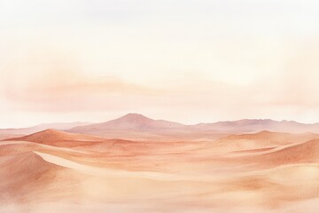 Serene desert landscape with rolling sand dunes and distant mountains under a pale sky, creating a tranquil and vast scenery.