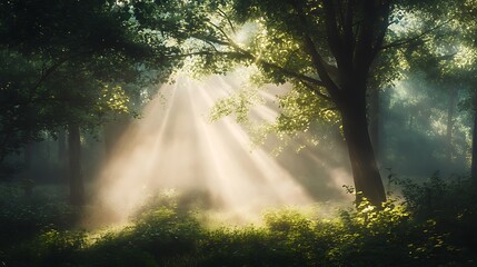 Sunbeams dance through mist-kissed trees in a vibrant morning forest