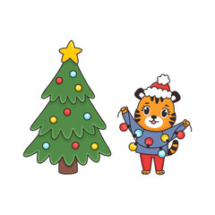 Fototapeta premium Cartoon character cute tiger decorates christmas tree with garland of colorfull light bulbs. Funny animal character with smiling friendly muzzle. New year vector illustration