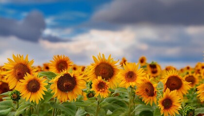 Obraz premium many sunflowers of different sizes against the background of a beautiful sky 