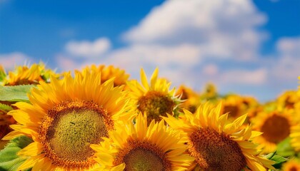 Obraz premium many sunflowers of different sizes against the background of a beautiful sky 