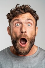 Wow! A Surprised Face Of A Man In A Grey T-Shirt, Isolated Against A White Background