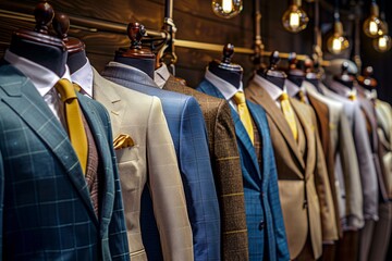 A row of suits are displayed in a store window