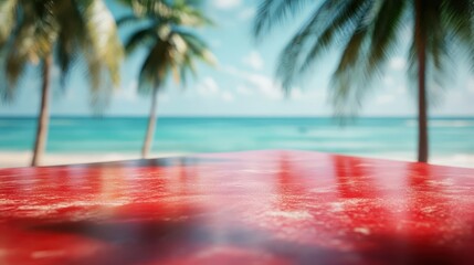 Vibrant red countertop with a softly blurred tropical beach scene, great for vacationthemed designs, vibrant red countertop, blurred tropical background, vacation