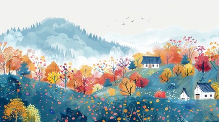 Fototapeta premium A serene landscape featuring colorful autumn trees, rolling hills, and quaint houses.