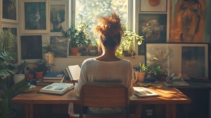 A woman reading a book at her desk in a stylish home office, with artistic wall decor and a large window providing ample daylight, creating a serene atmosphere