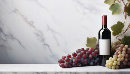 Obraz premium Hermoso fondo con botella de vino y racimo de uvas sobre una encimera de marmol blanco