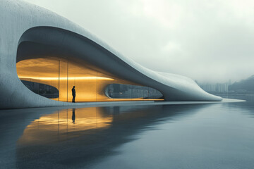 Front view of an architectural pavilion in the shape of a wave, with a curved and fluid facade made of concrete with glass windows. The interior is illuminated by warm light.