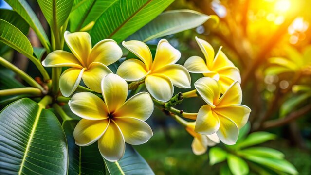 Delicate yellow ilima flowers sway gently in the tropical Hawaiian breeze, surrounded by lush greenery and subtle hints of morning sunlight filtering through the leaves.