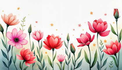 Watercolor Floral Illustration with Red and Pink Flowers, Spring-Themed Design