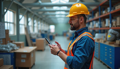 Warehouse Worker Using Tablet for Inventory Management, Industrial Setting