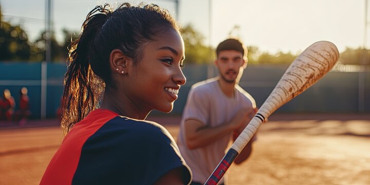 Baseball Bat Ready: A young woman, ready to swing a baseball bat, smiles confidently while a young man looks on, the sun setting behind them in a picturesque ballpark, creating a captivating moment of