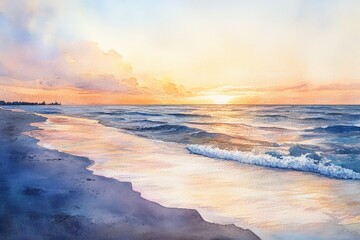 Fototapeta premium Serene watercolor painting of a beach at sunset with gentle waves and a colorful sky. Ideal for tranquil and nature-inspired themes.