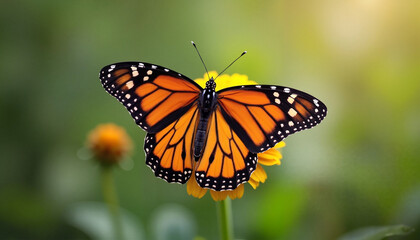 Fototapeta premium Monarch Butterfly Perched on Yellow Flower in Sunlit Garden