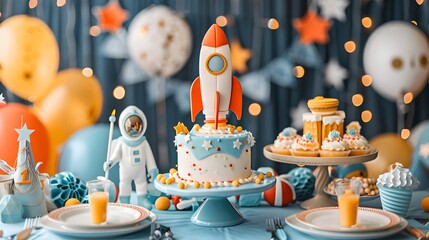 Space Themed Birthday Party with Rocket Cake Astronaut Costumes and Starry