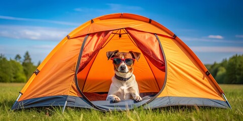 Dog wearing sunglasses sitting inside orange camping tent under the sun