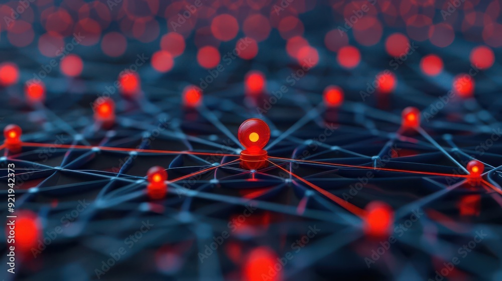 Poster abstract digital network with red nodes connected by dark lines, representing technology and connect