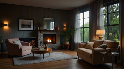 Fototapeta premium Modern living room, modern living room, interior of a hotel room, apartment design, room design, luxury room, city view, hotel view, living room interior with modern furniture.