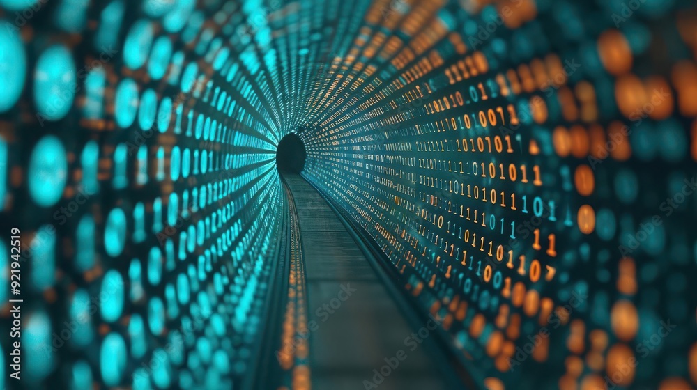 Poster abstract representation of digital data flow through a glowing tunnel, symbolizing technology and in