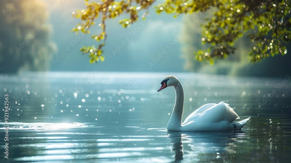 Canvas Prints Graceful Swan Swimming in Tranquil Lake with Vibrant Greenery and Reflections