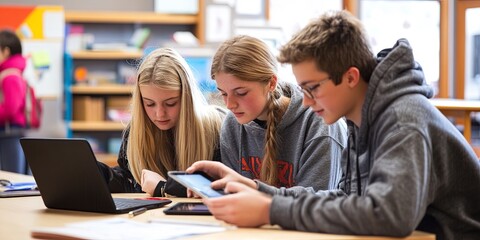 Collaborative Learning: A group of diverse high school students engage in a collaborative learning activity, showcasing modern technology and educational innovation. Their focused expressions suggest 