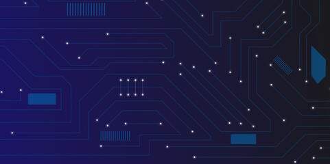 Glowing light blue neon AI chip with thin circuit contact lines. Technology lines circuit and dots on blue background, circuit board network connection.