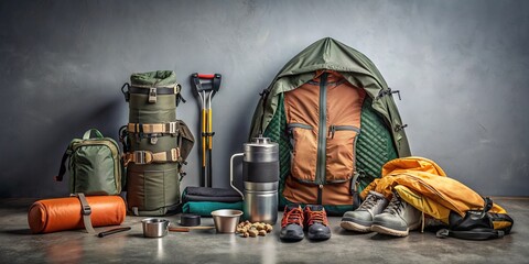 Expedition camping gear on gray background with copy space