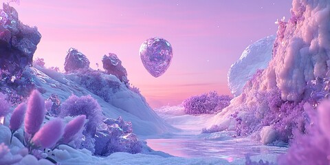 Crystalline Love in a Pastel Wonderland: A heart-shaped crystal hovers above a whimsical, snow-kissed landscape bathed in pink and purple hues. 