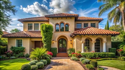 Fototapeta premium Exterior of a beautiful Mediterranean-style stucco home with arched windows, a terra cotta roof, and lush greenery surrounded by a tranquil neighborhood setting.