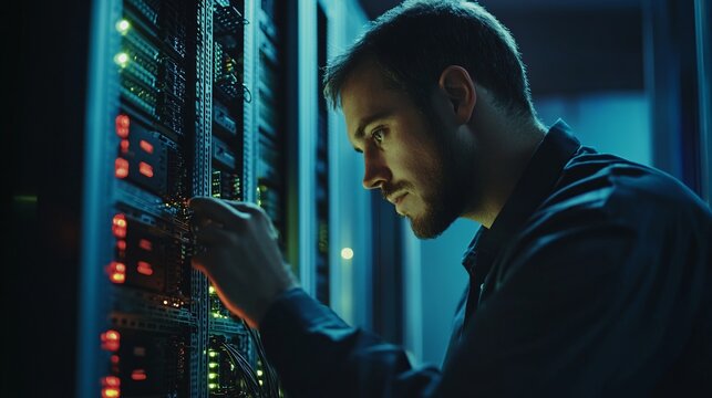 Close-up of an engineer is hands adjusting server connections inside a data center rack with a serious expression